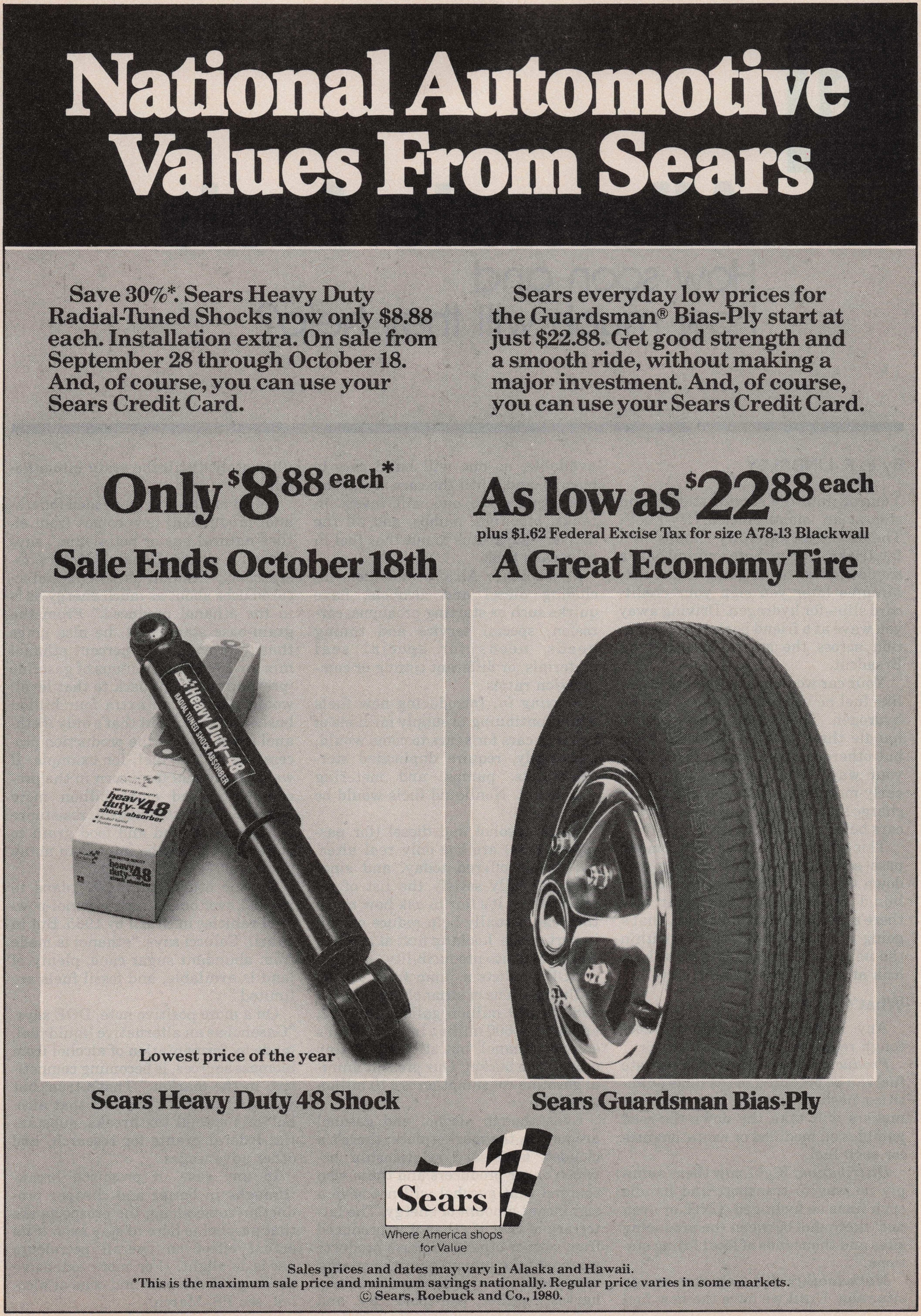 eBay listing image for 1980 Vintage Print Ad Sears National Automotive Values Shocks Guardsman Tires