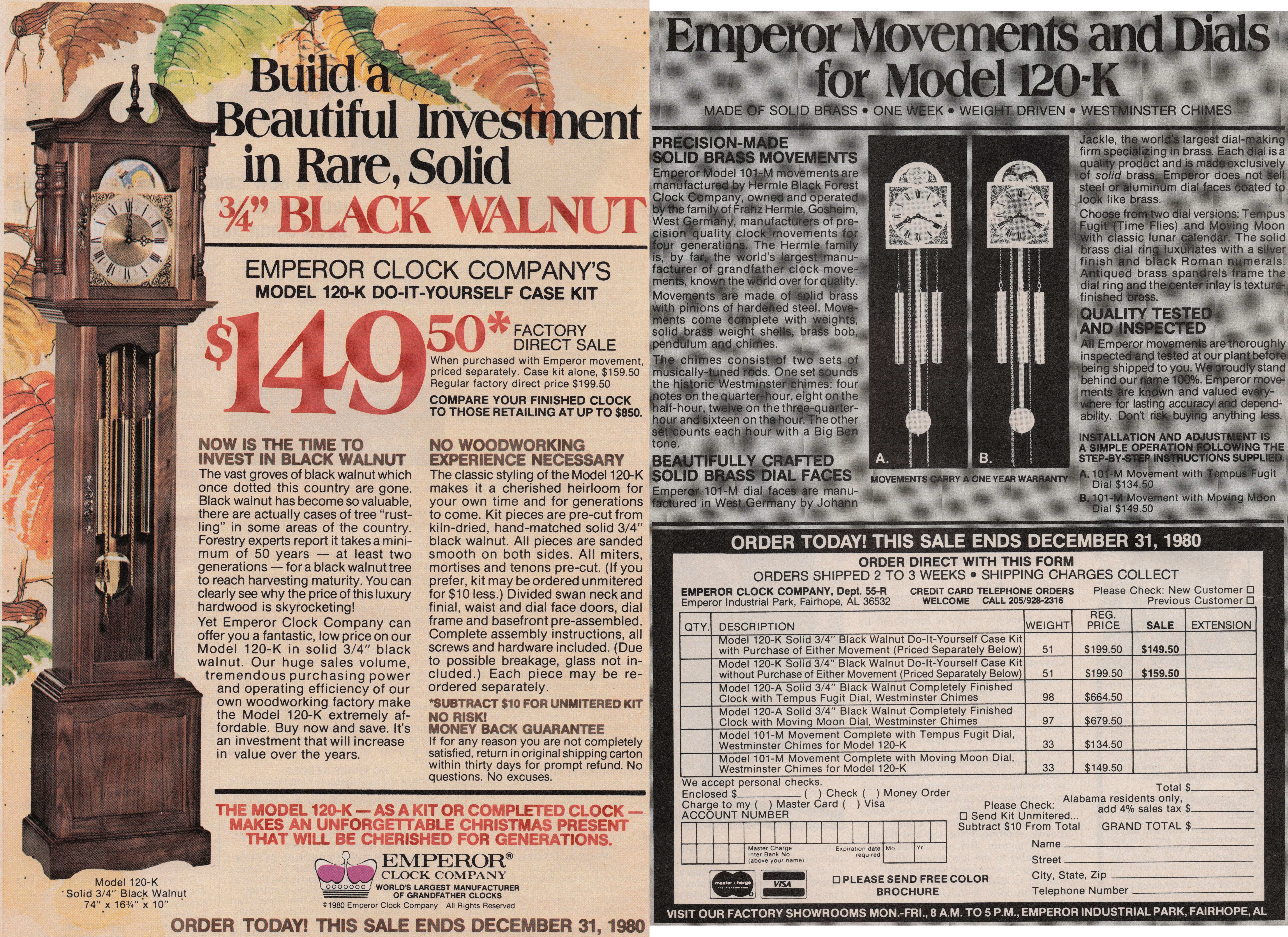 eBay listing image for 1980 2 Page Vintage Print Ad Emperor Clock Model 120-K Grandfather Clock Kit