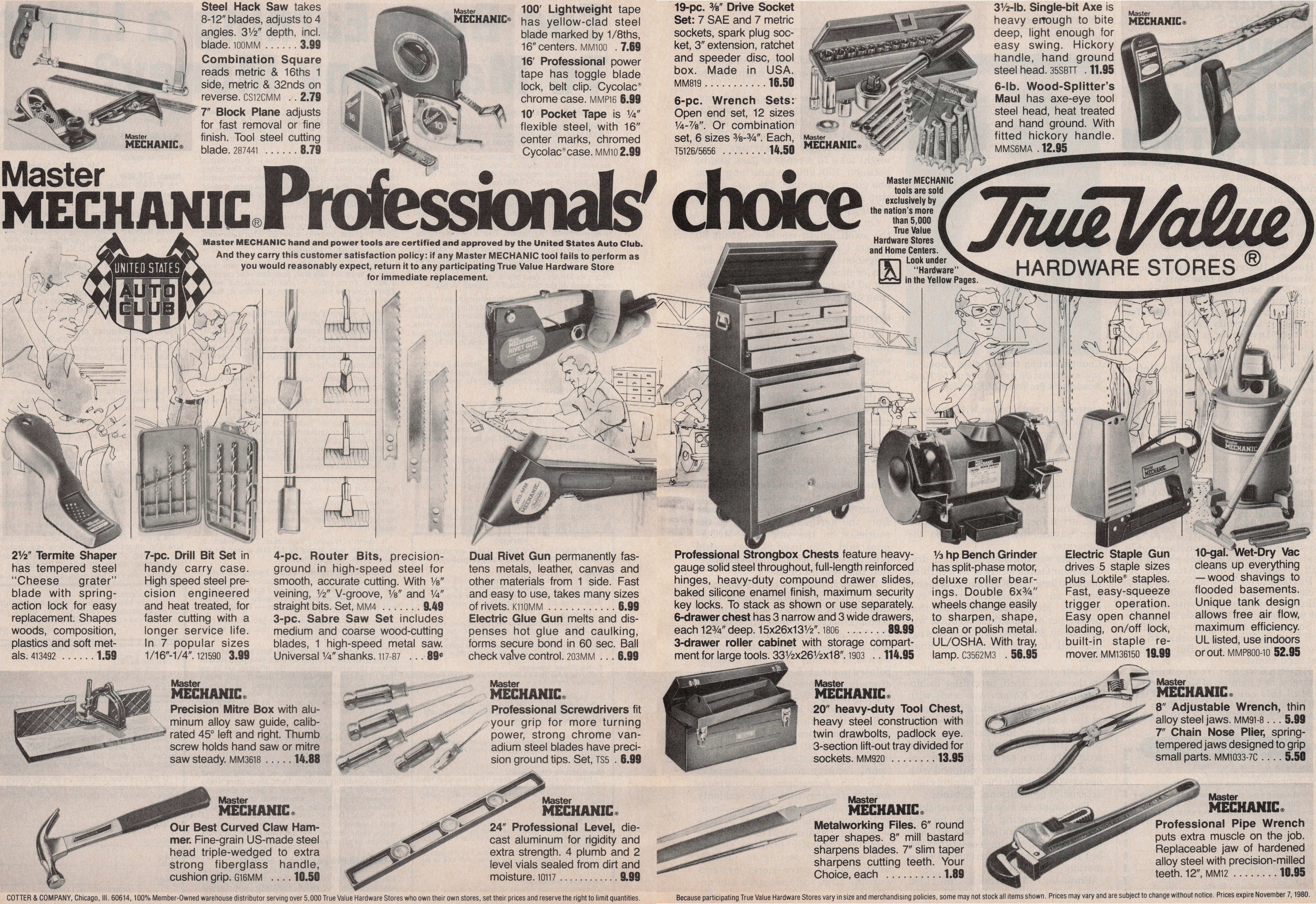 eBay listing image for 1980 2 Page Vintage Print Ad Master Mechanic Professional Tools True Value