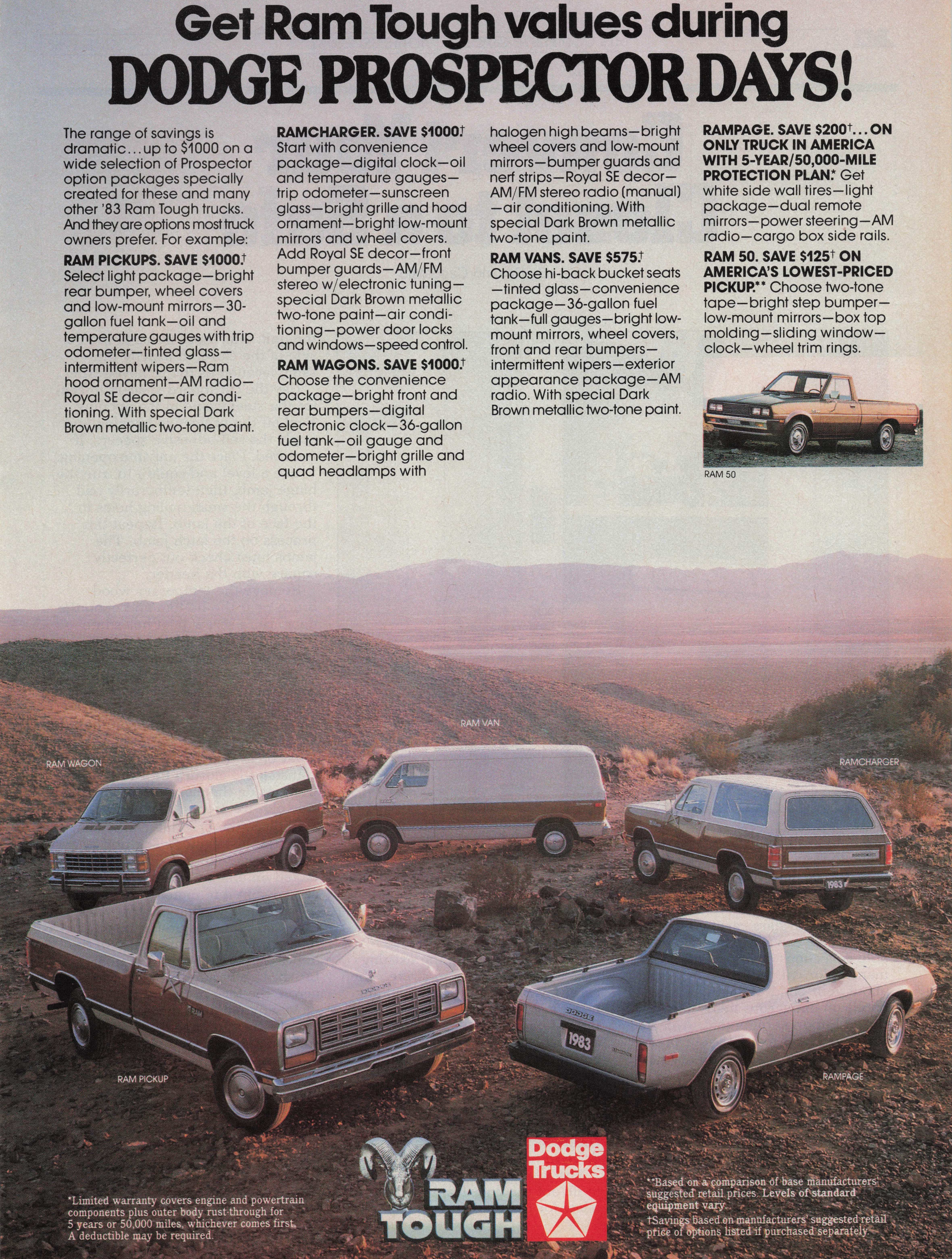 1983 Vintage Print Ad Dodge Ram Tough Trucks Prospector Days Model Lineup