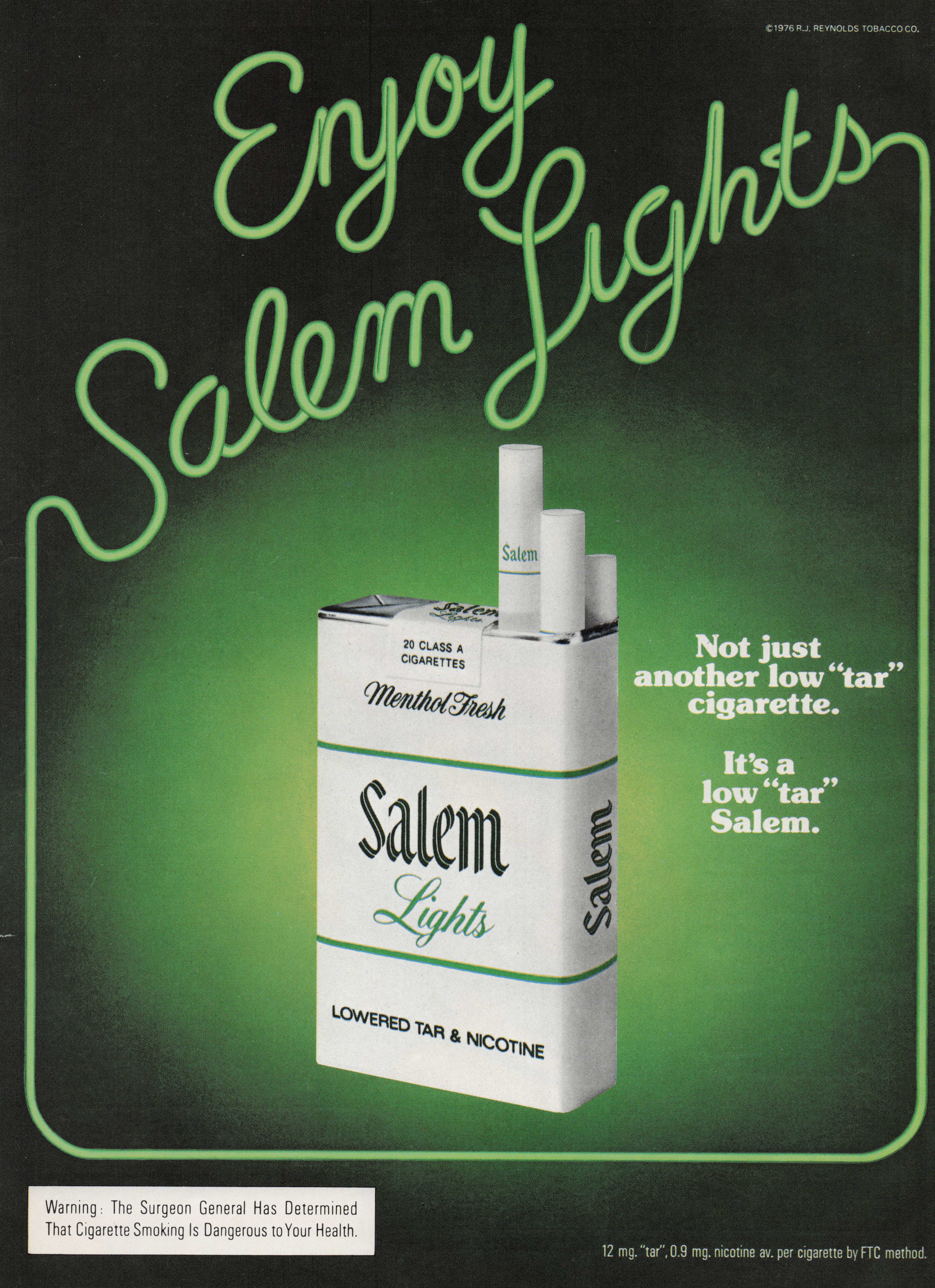 1976 Vintage Print Ad Salem Lights Cigarettes Low Tar Green Pack Enjoy Salem
