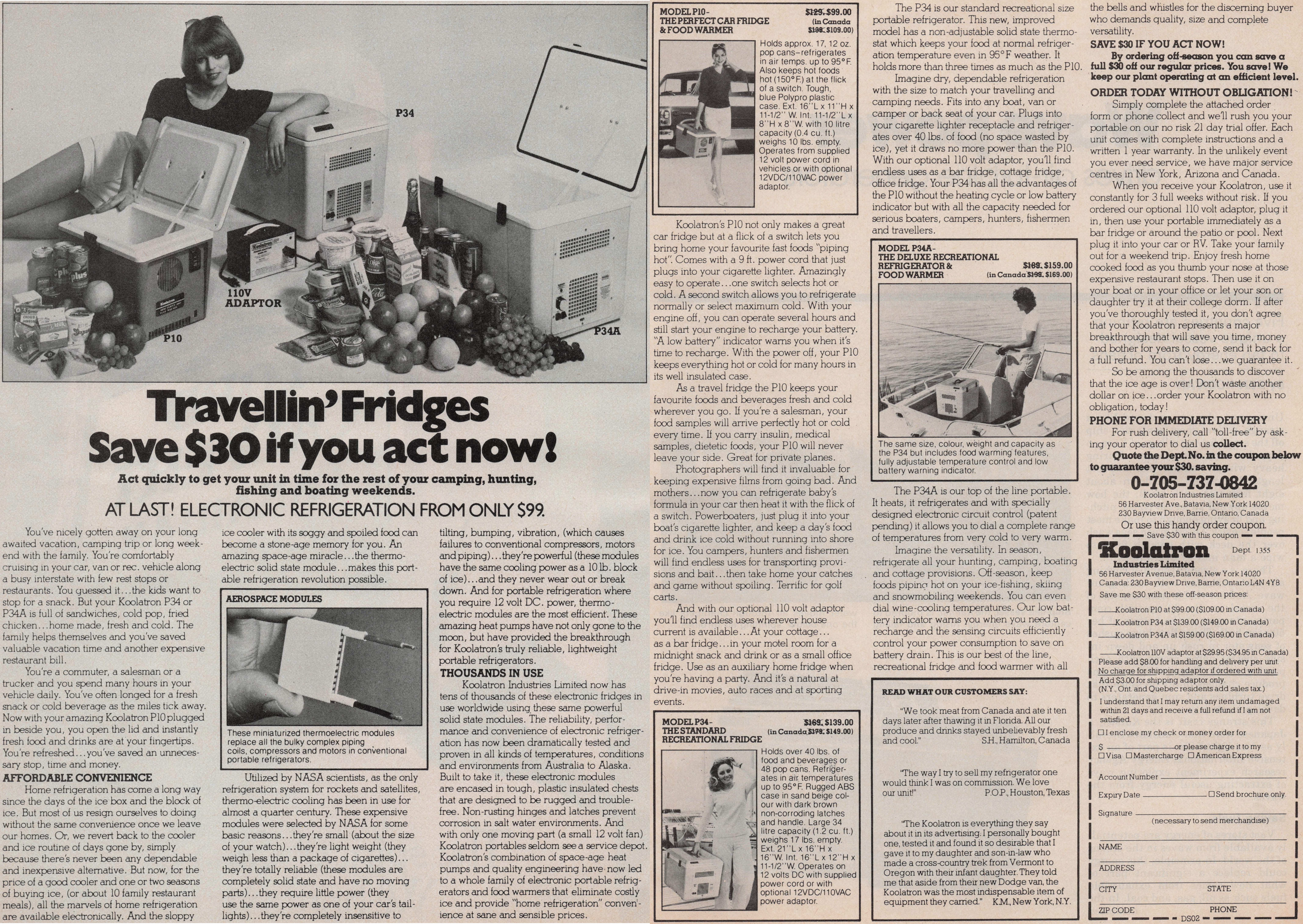 eBay listing image for 1980 2 Page Vintage Print Ad Koolatron P10 P34 P34A Travel Fridges Camping