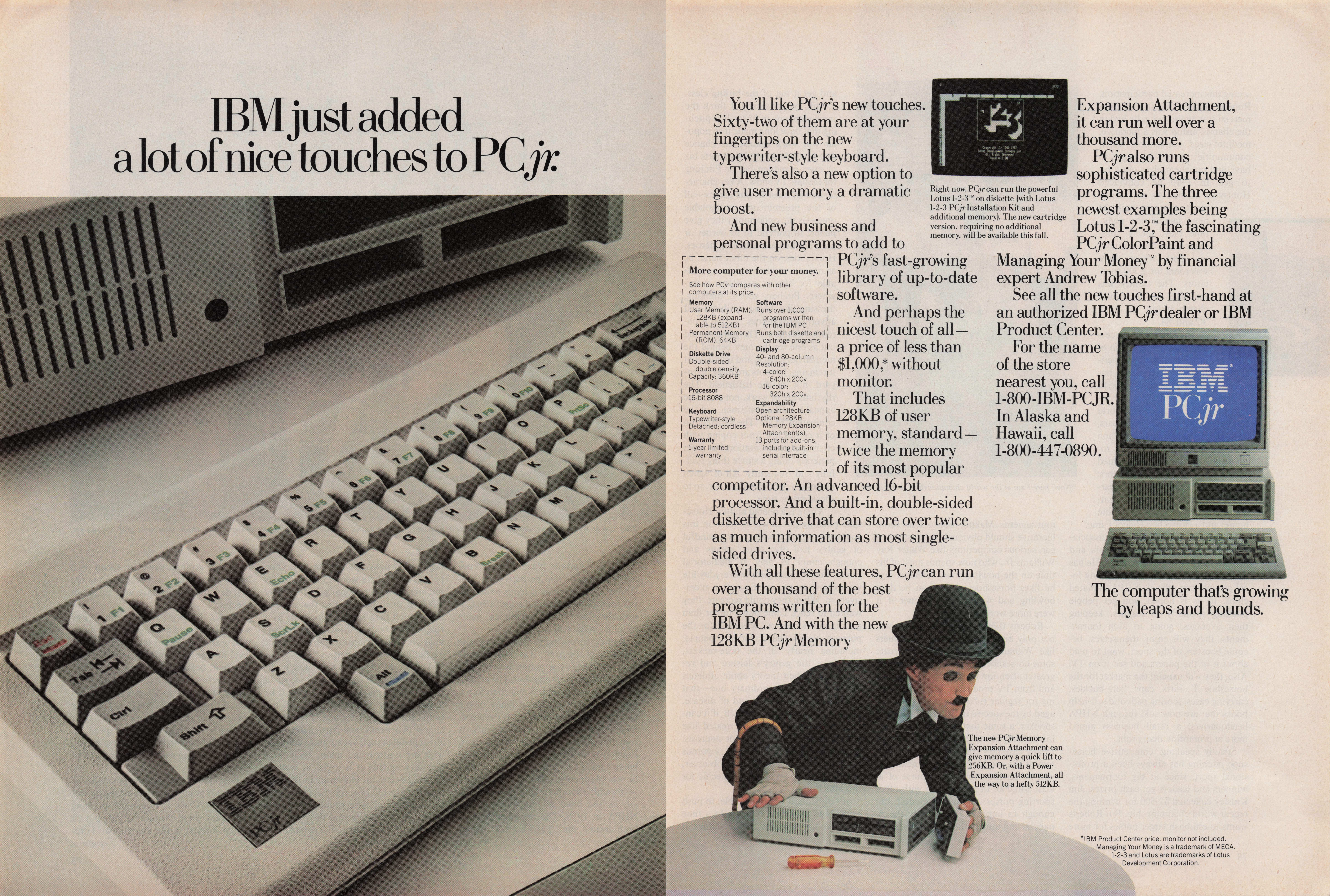 1984 2 Page Vintage Print Ad IBM PCjr Computer 128KB 62 Keys Charlie Chaplin