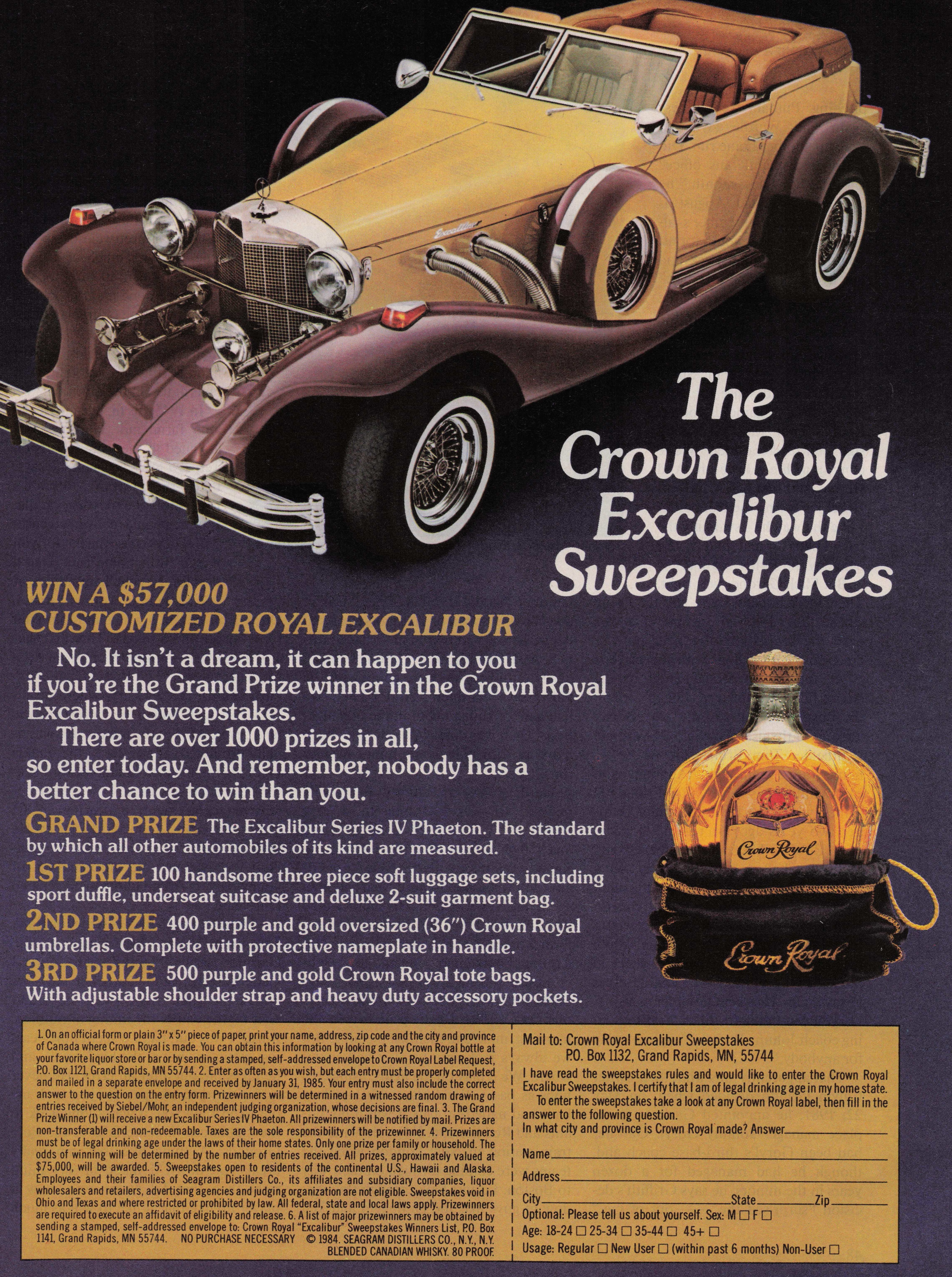1984 Vintage Print Ad Crown Royal Excalibur Sweepstakes Win Phaeton Luxury Car